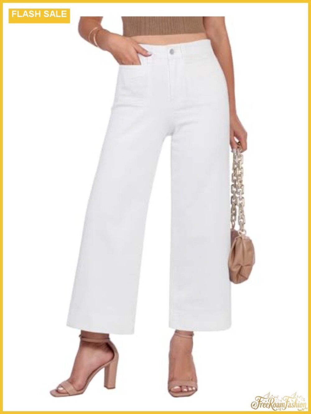 High Rise Wide Leg Cropped Stretch Denim Jeans with Patch Pockets